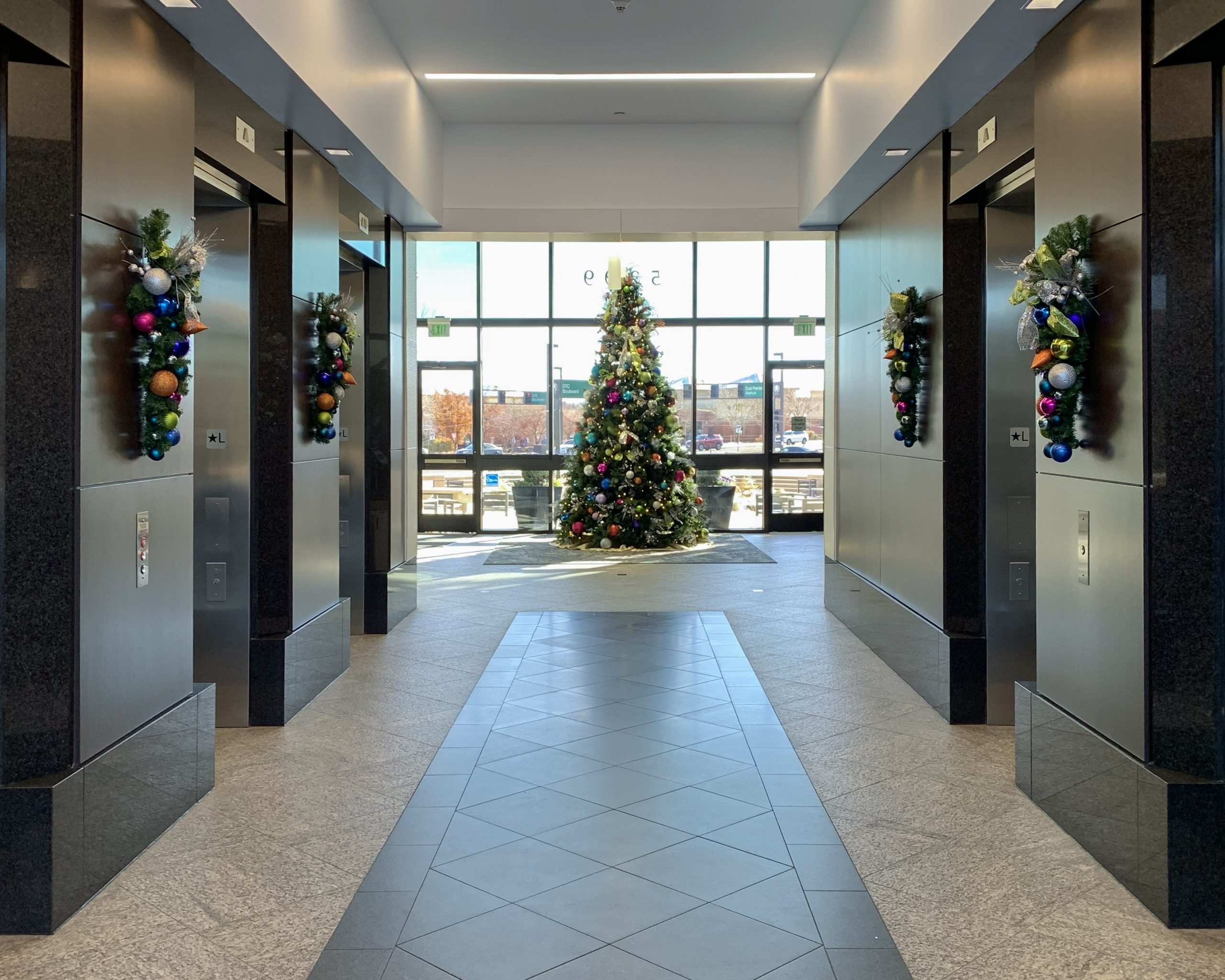 Corporate campus common area decorated for the season