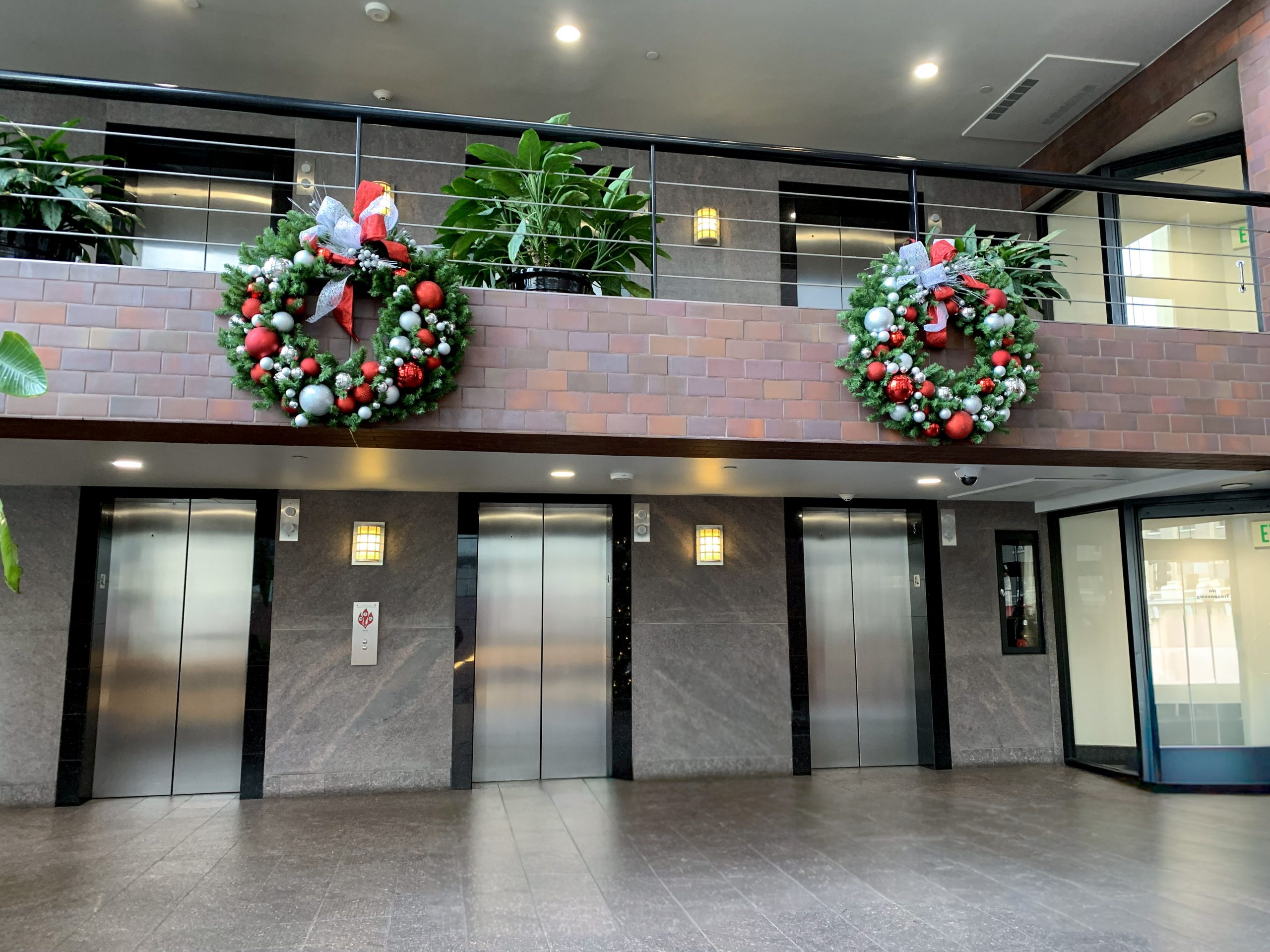 Decorated corporate reception area for the holidays